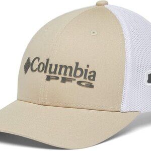 Columbia PFG Logo Mesh Ball Cap Mid Crown Fossil/Grill/White Bass S/M NWT